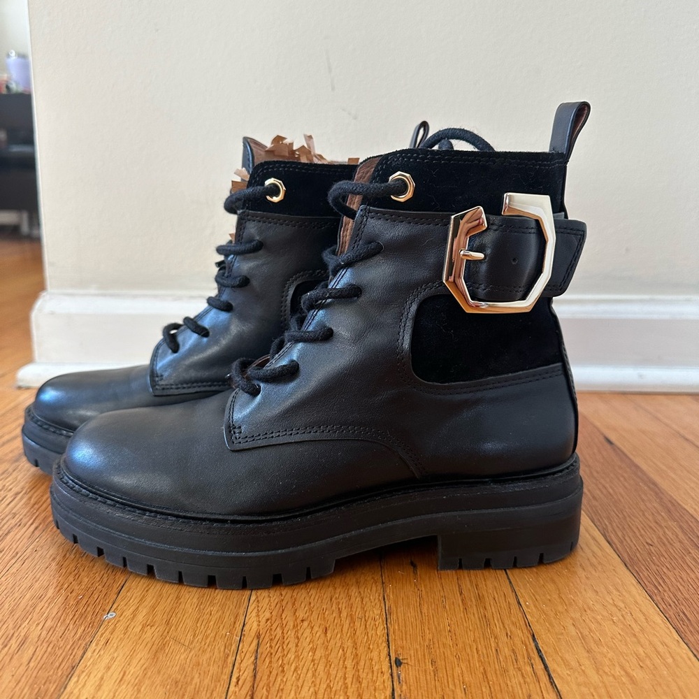 Louise at Cie Black Leather Ankle Boots with Gold Buckle